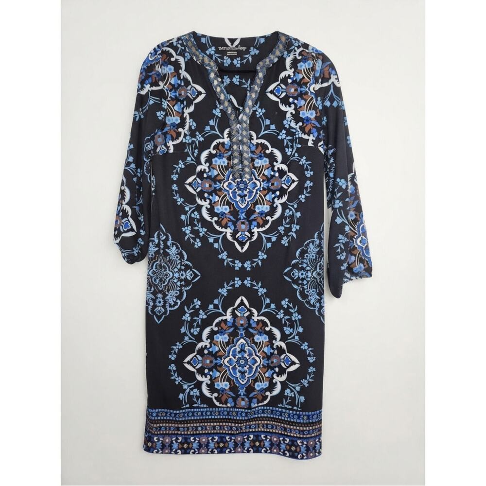 NEW Soft Surroundings S P Blue Tunic Dress Beaded Boho Stretch Dress Coastal